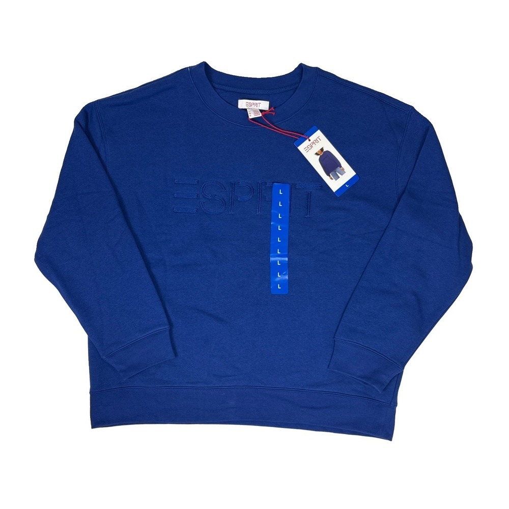 Esprit Women's 80s Retro Viral Costco Crewneck Sweater Navy Blue Fleece Sz Large